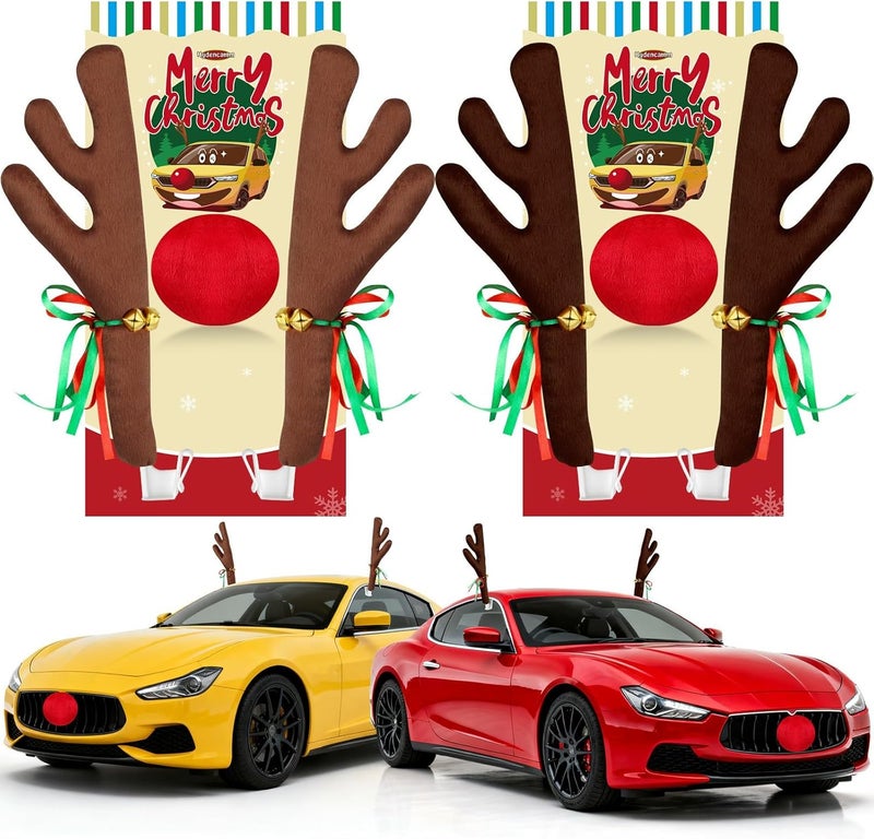 Hydencamm 2 Pack Red Nose for Car, Reindeer for Car Window Roof-Top & Front Grille, Car Antler & Nose Christmas Decorations for Car Jingle Bell Compatible with Car, SUV, Jeep, Truck - Image 1